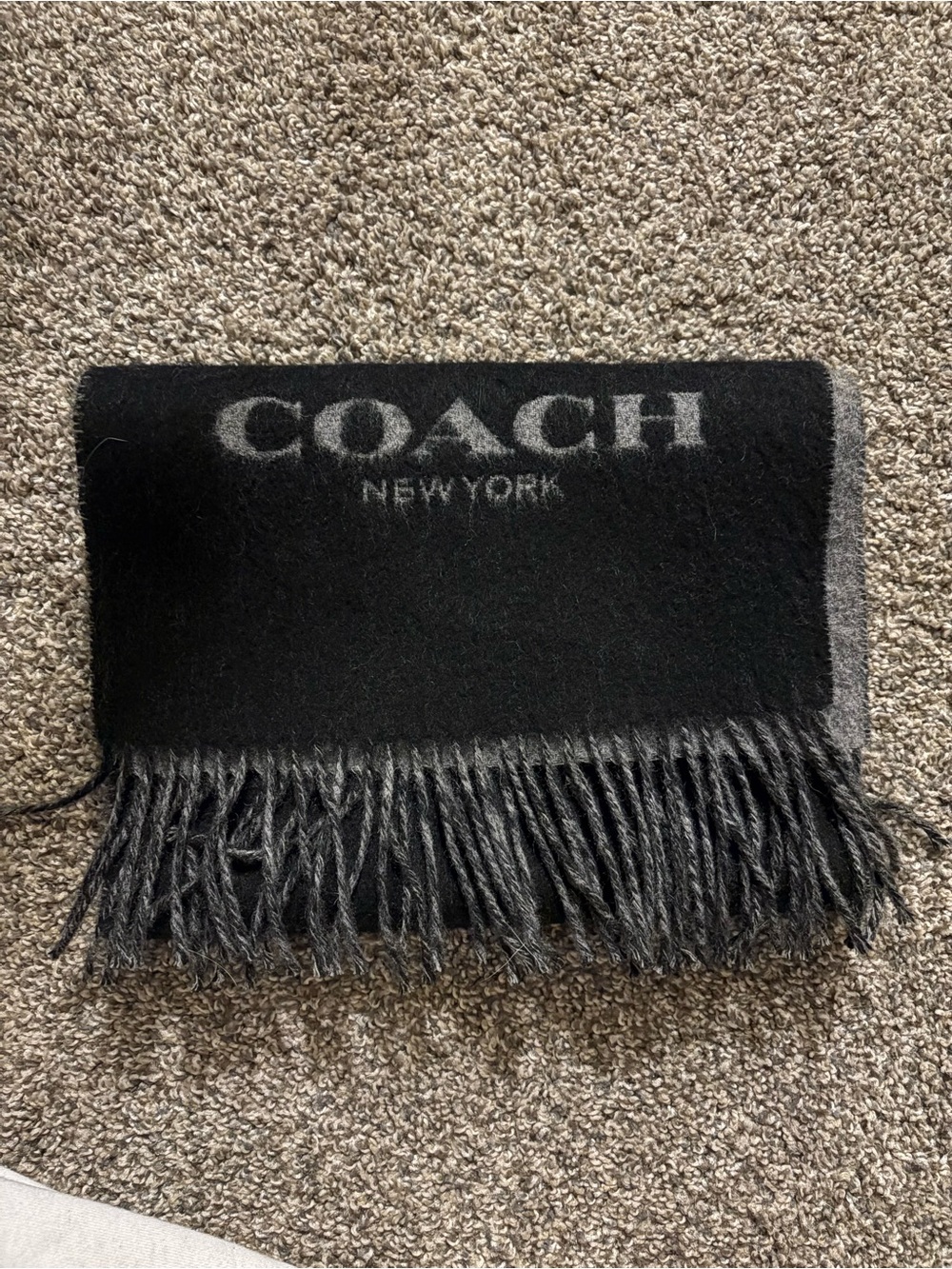 Coach Black & Gray Logo Fringe Scarf
